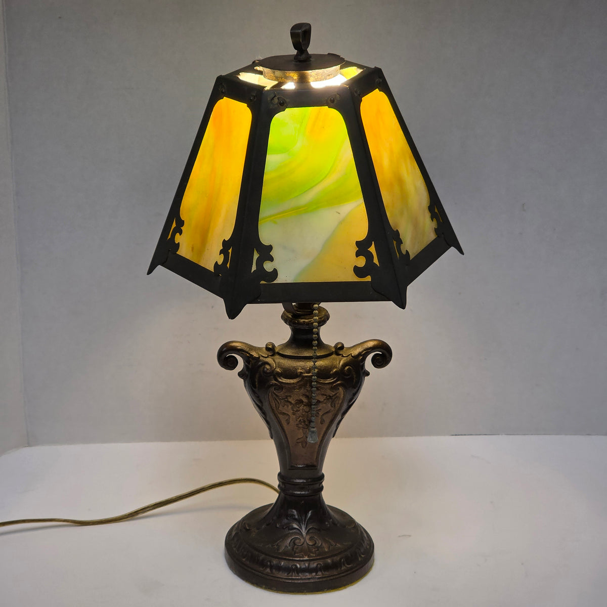 Circa 1910 Art Nouveau Arts and Crafts slag glass lamp with copper shade
