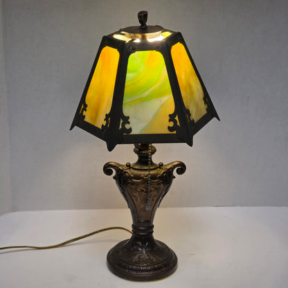 Circa 1910 Art Nouveau Arts and Crafts slag glass lamp with copper shade
