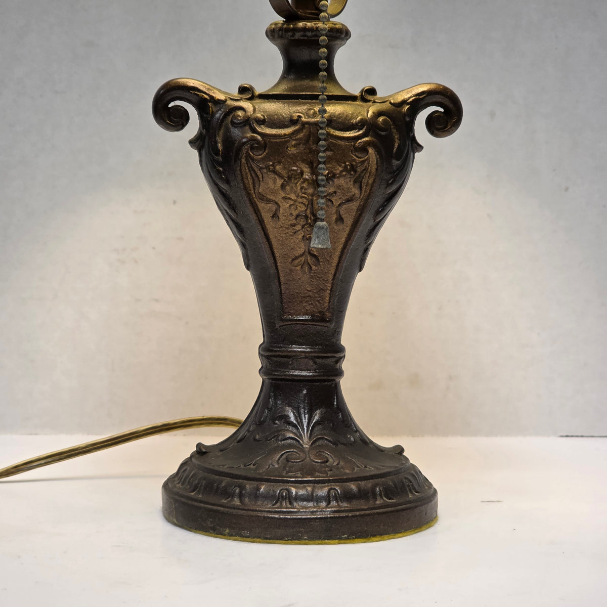 Circa 1910 Art Nouveau Arts and Crafts slag glass lamp with copper shade
