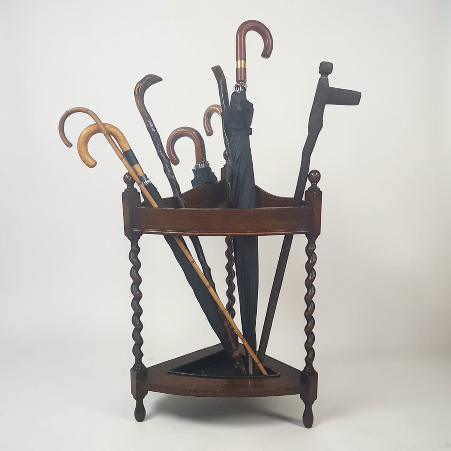 Antique Mission Oak Umbrella Stand Arts & Crafts 1920s | Barley Twist Corner Stand Original Finish - Wainfleet Trading Post