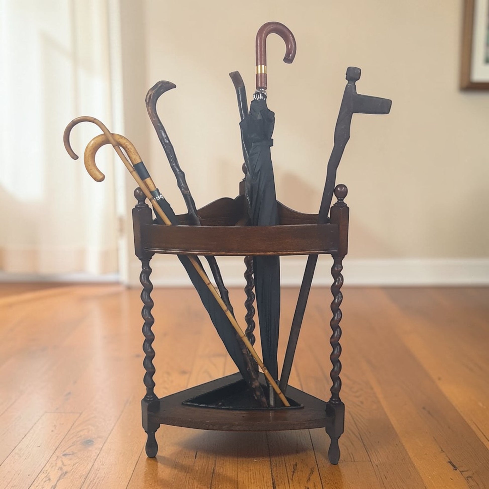 Antique Mission Oak Umbrella Stand Arts & Crafts 1920s | Barley Twist Corner Stand Original Finish - Wainfleet Trading Post