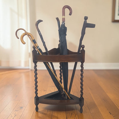 Antique Mission Oak Umbrella Stand Arts & Crafts 1920s | Barley Twist Corner Stand Original Finish - Wainfleet Trading Post