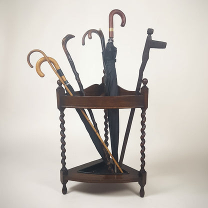 Antique Mission Oak Umbrella Stand Arts & Crafts 1920s | Barley Twist Corner Stand Original Finish - Wainfleet Trading Post