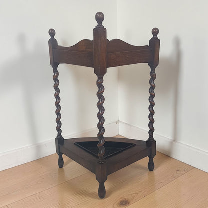 Antique Mission Oak Umbrella Stand Arts & Crafts 1920s | Barley Twist Corner Stand Original Finish - Wainfleet Trading Post