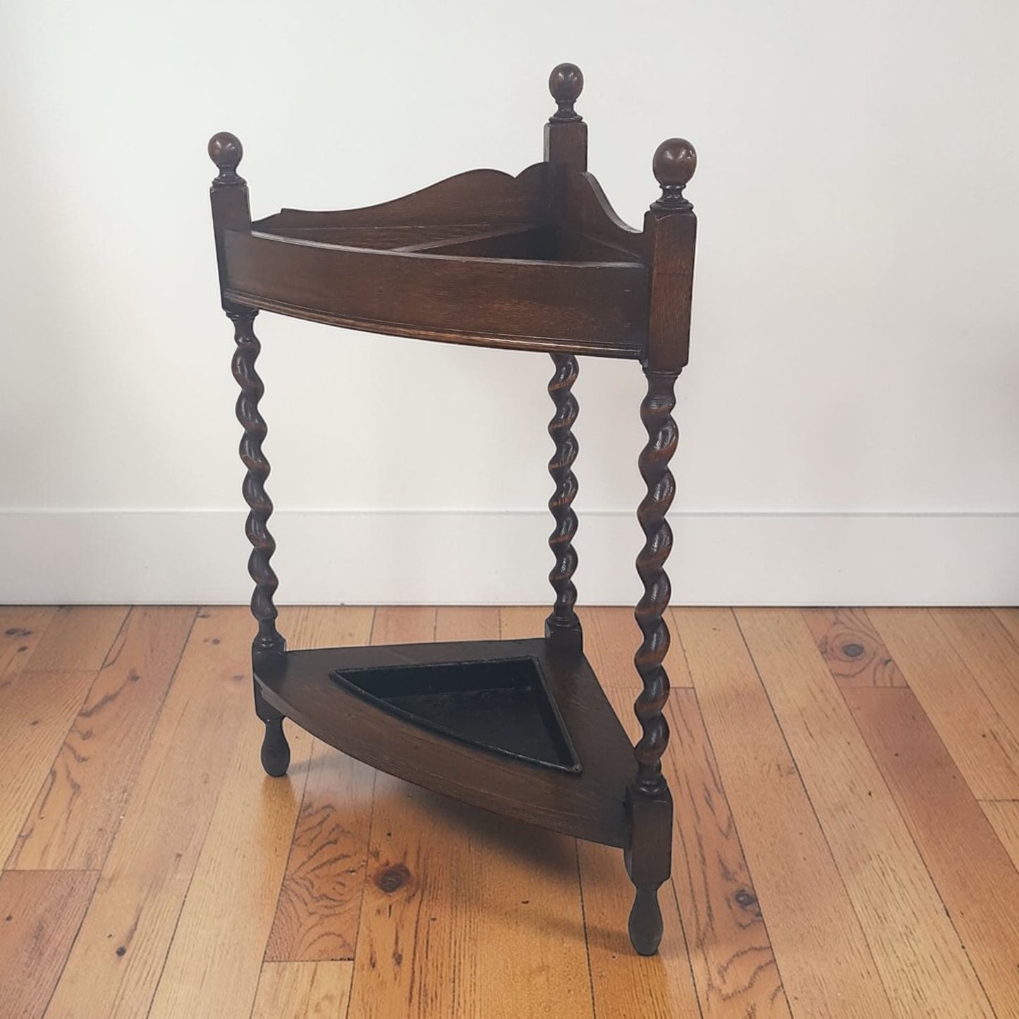Antique Mission Oak Umbrella Stand Arts & Crafts 1920s | Barley Twist Corner Stand Original Finish - Wainfleet Trading Post