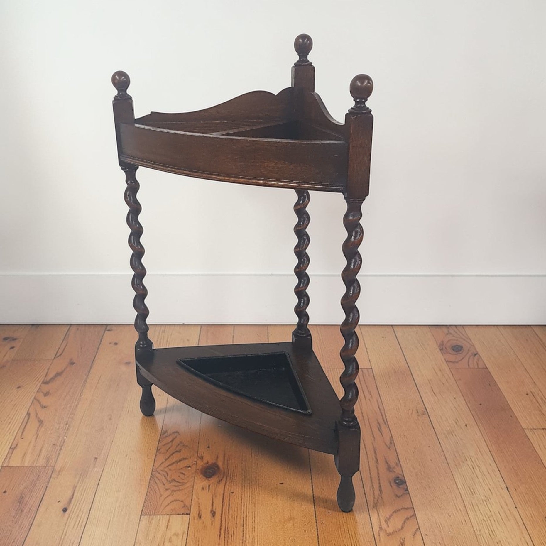 Antique Mission Oak Umbrella Stand Arts & Crafts 1920s | Barley Twist Corner Stand Original Finish - Wainfleet Trading Post