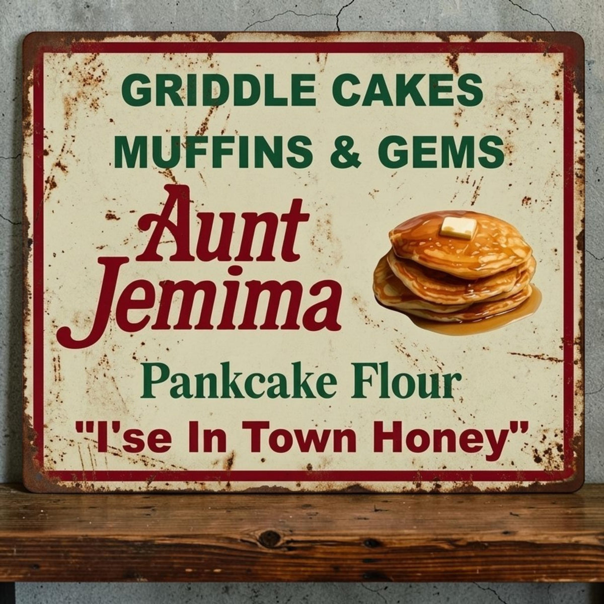 Retro Aunt Jemima Griddle Cakes Muffins and Gems aluminum kitchen sign.
