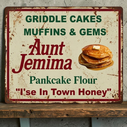 Retro Aunt Jemima Griddle Cakes Muffins and Gems aluminum kitchen sign.
