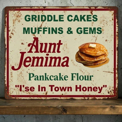 Retro Aunt Jemima Griddle Cakes Muffins and Gems aluminum kitchen sign.
