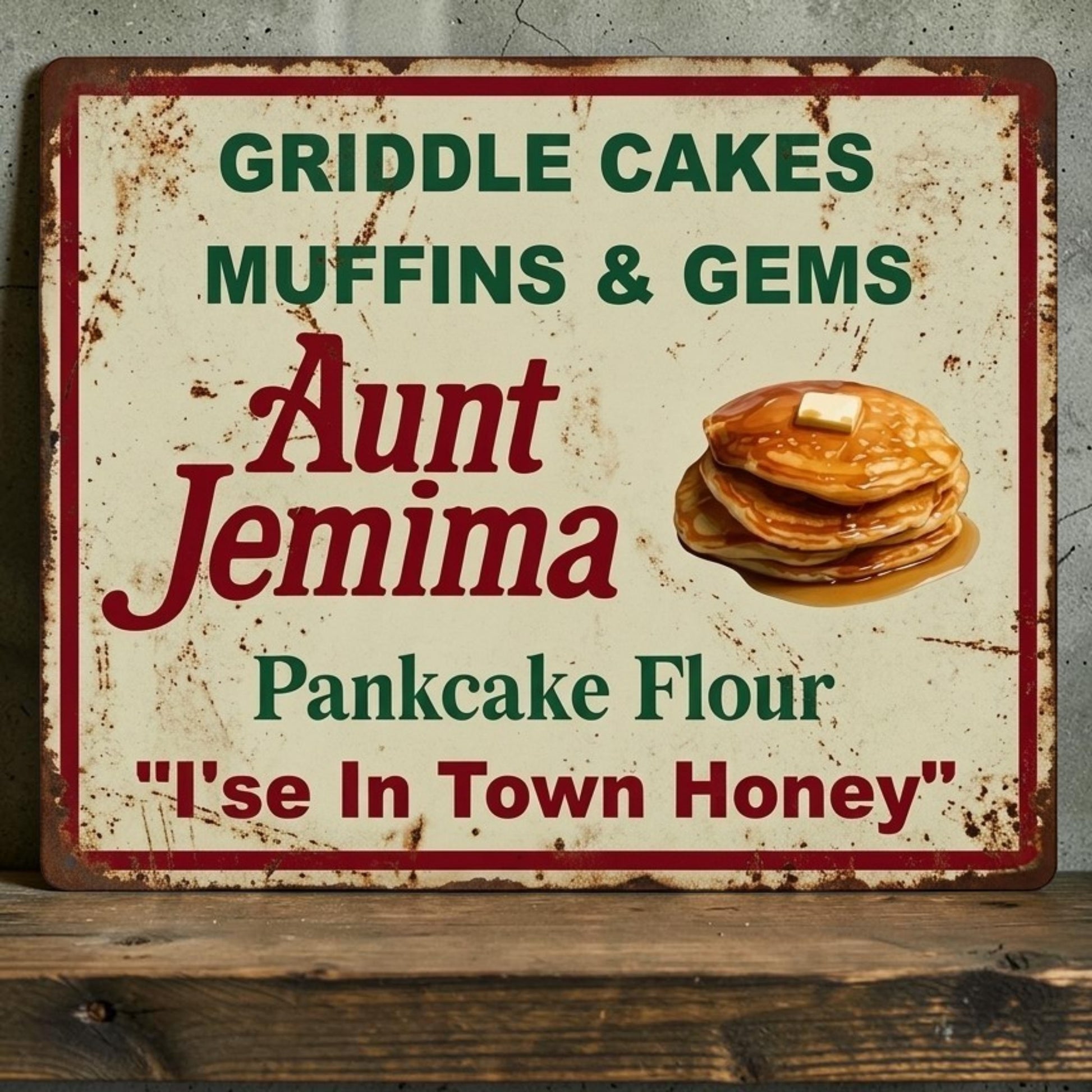 Retro Aunt Jemima Griddle Cakes Muffins and Gems aluminum kitchen sign.
