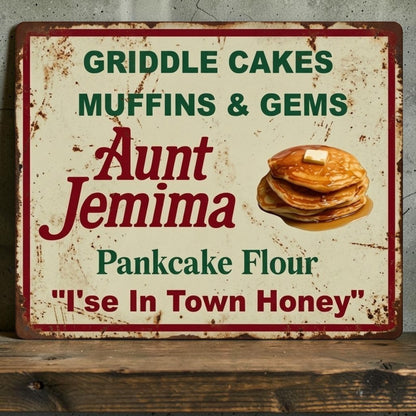 Retro Aunt Jemima Griddle Cakes Muffins and Gems aluminum kitchen sign.
