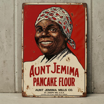Retro Aunt Jemima Pancake Flour aluminum kitchen sign with classic advertising design.

