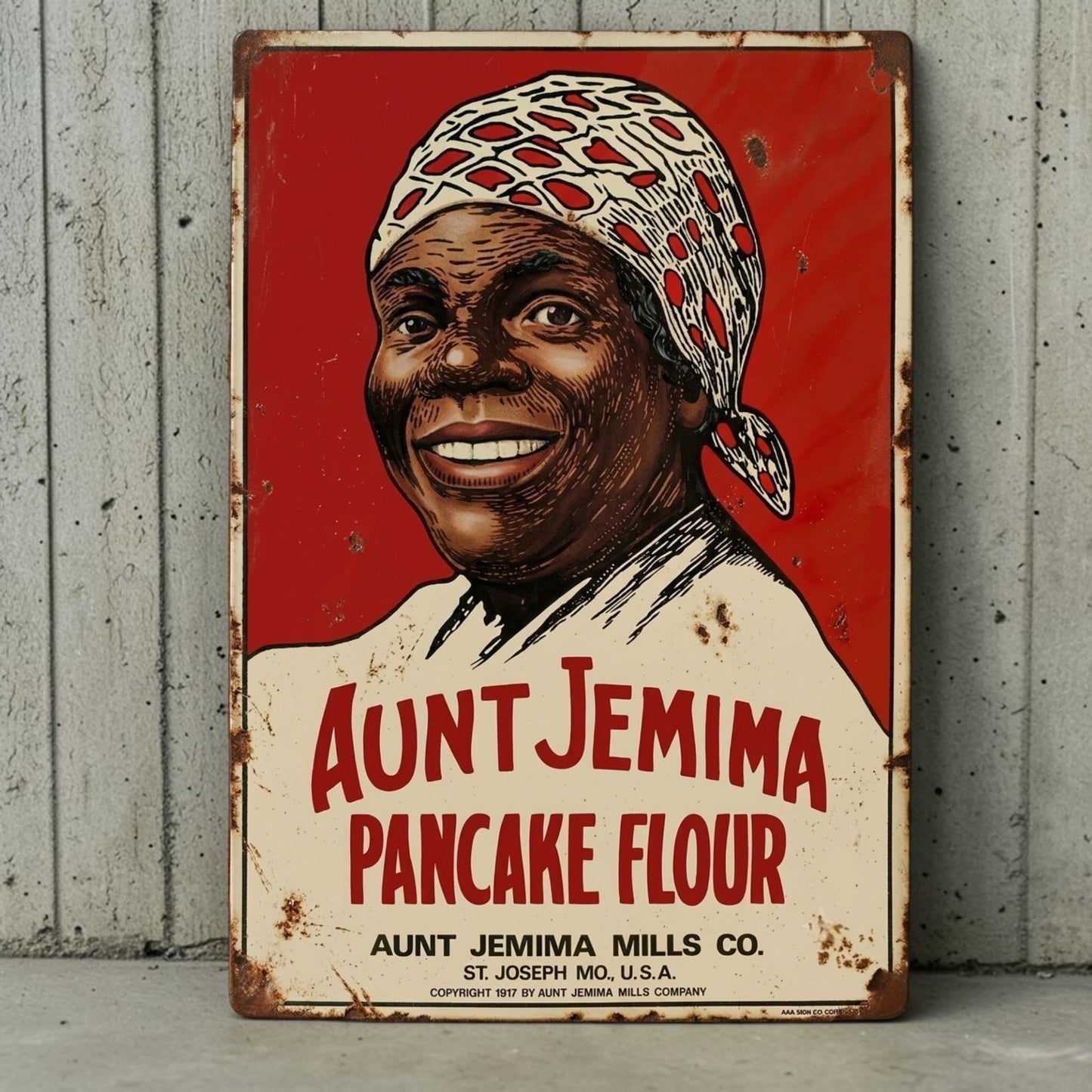 Retro Aunt Jemima Pancake Flour aluminum kitchen sign with classic advertising design.
