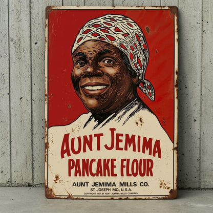Retro Aunt Jemima Pancake Flour aluminum kitchen sign with classic advertising design.
