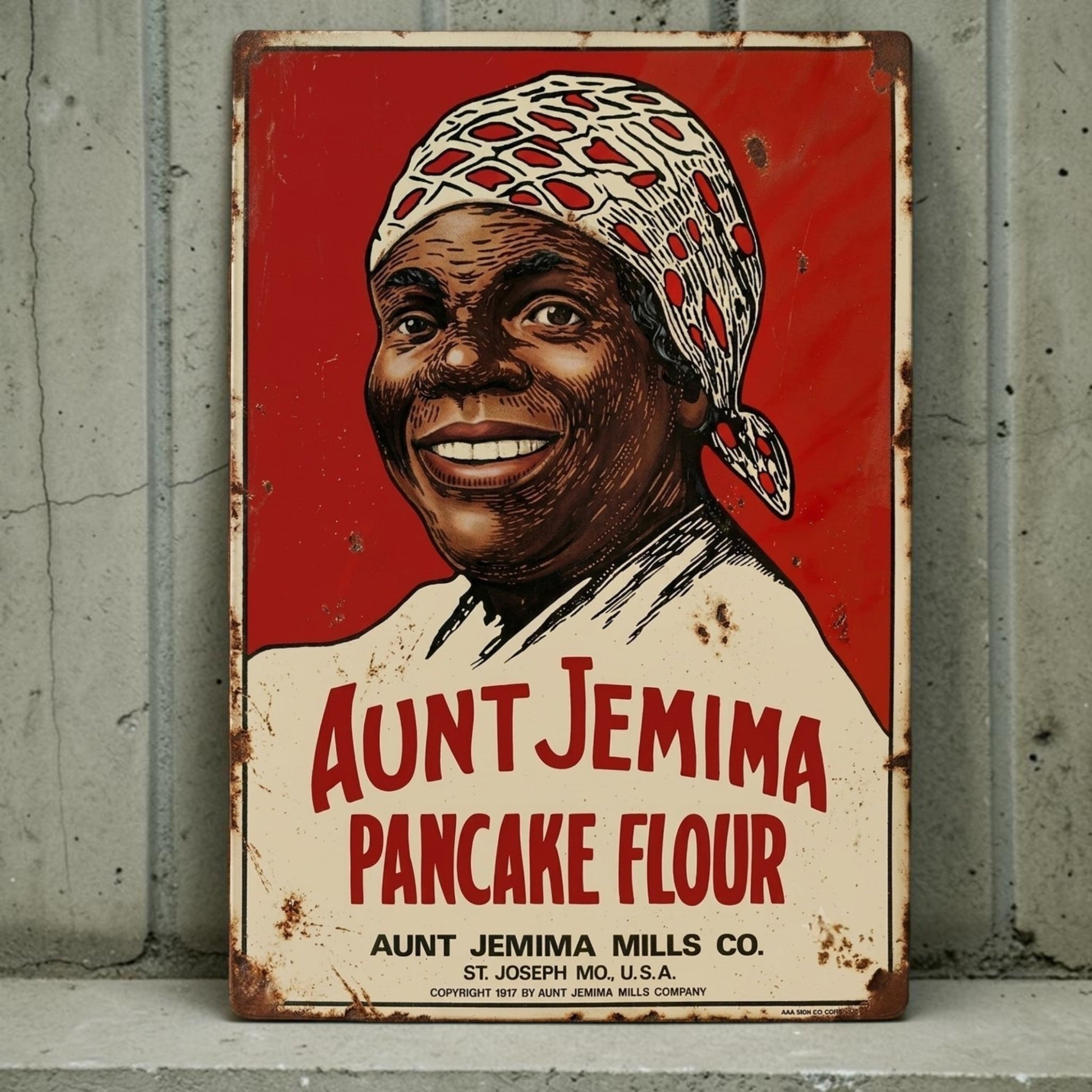 Retro Aunt Jemima Pancake Flour aluminum kitchen sign with classic advertising design.
