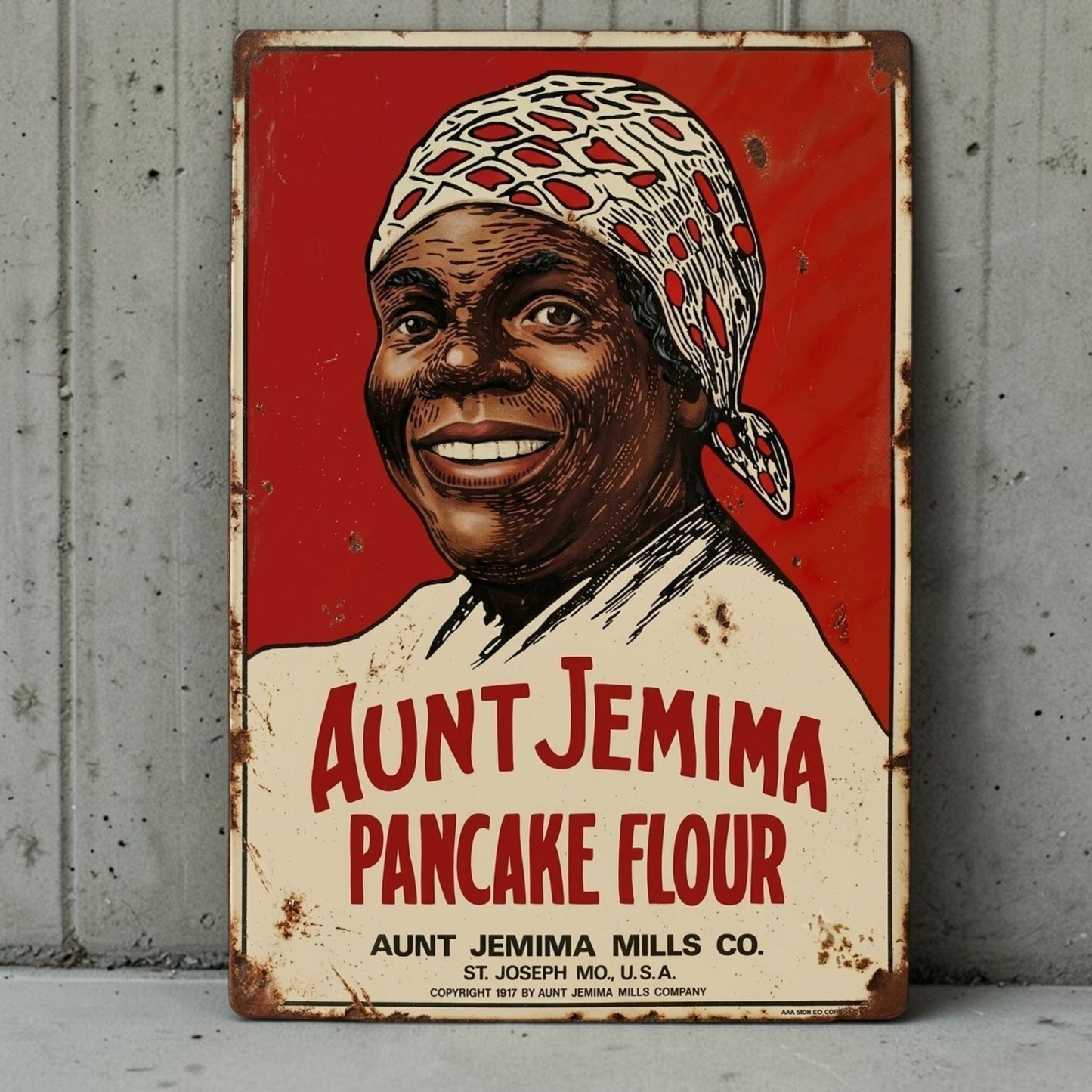 Retro Aunt Jemima Pancake Flour aluminum kitchen sign with classic advertising design.
