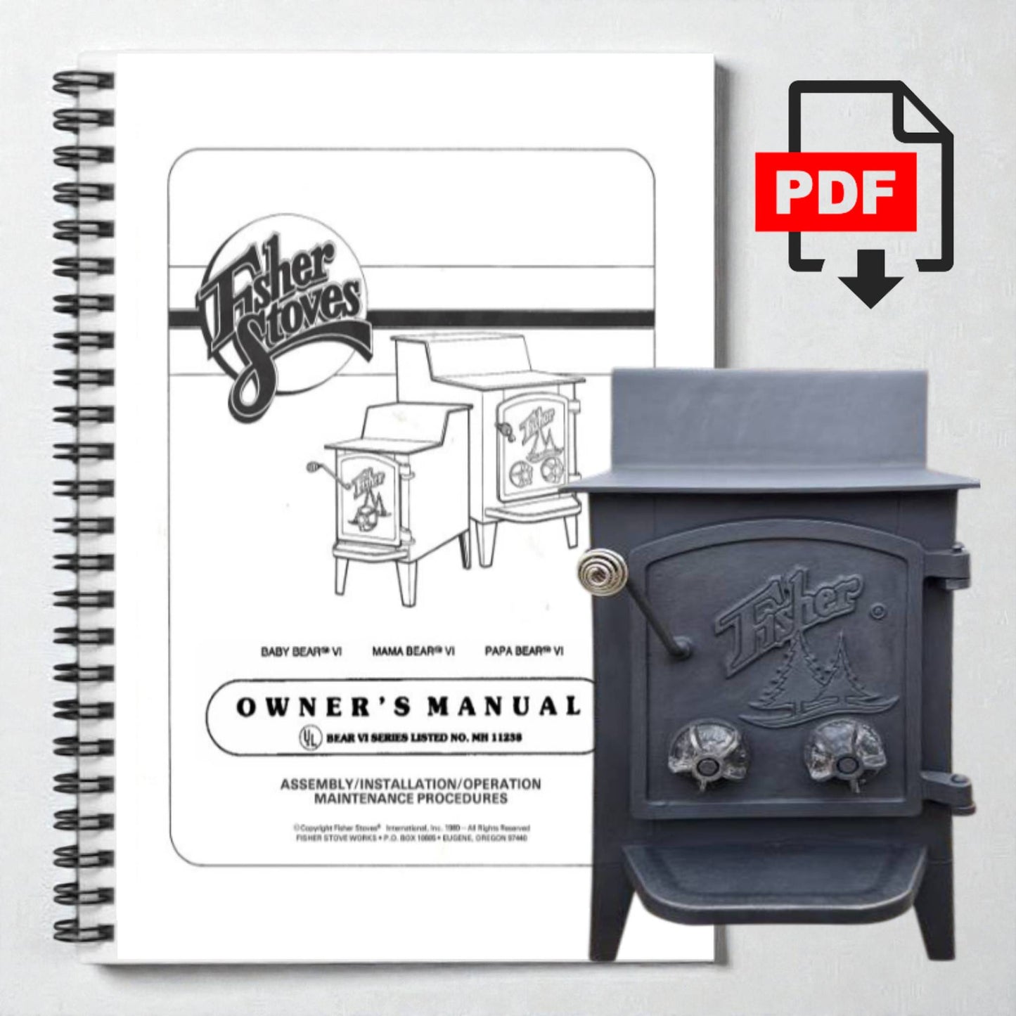 Fisher Stoves owner's manual and stove on a white background
