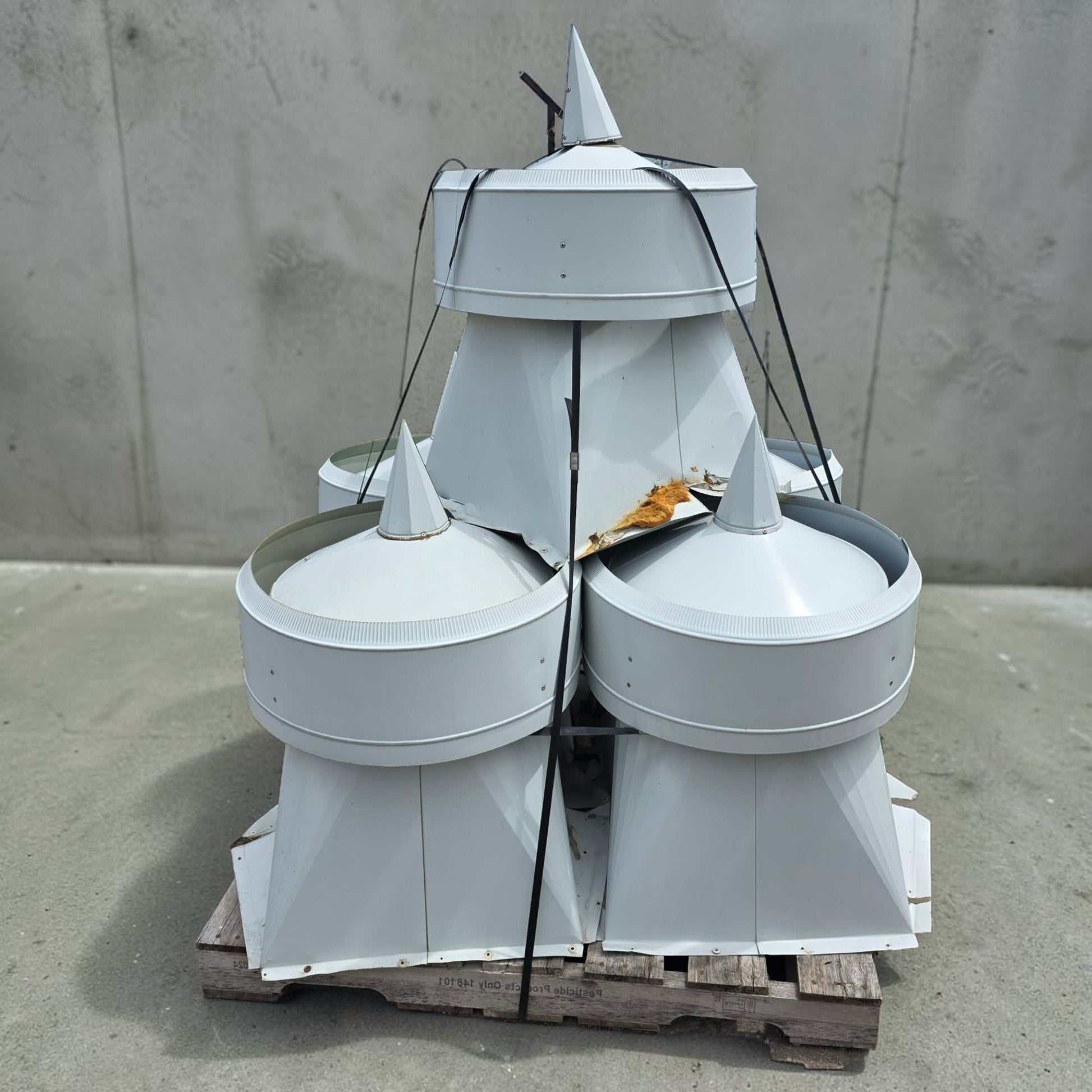 Set of five vintage galvanized barn turrets with rustic farmhouse appeal.