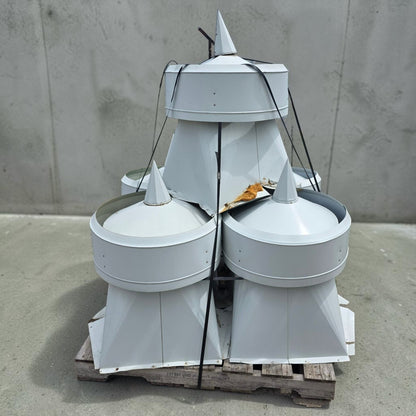 Set of five vintage galvanized barn turrets with rustic farmhouse appeal.
