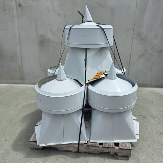 Set of five vintage galvanized barn turrets with rustic farmhouse appeal.