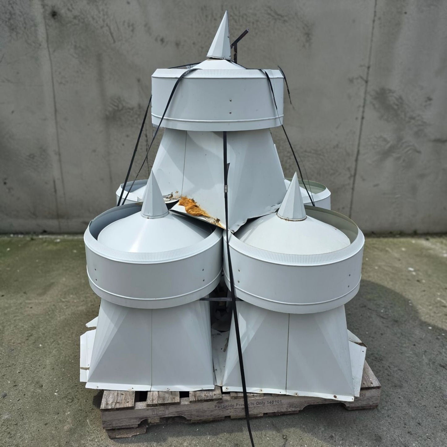 Set of five vintage galvanized barn turrets with rustic farmhouse appeal.