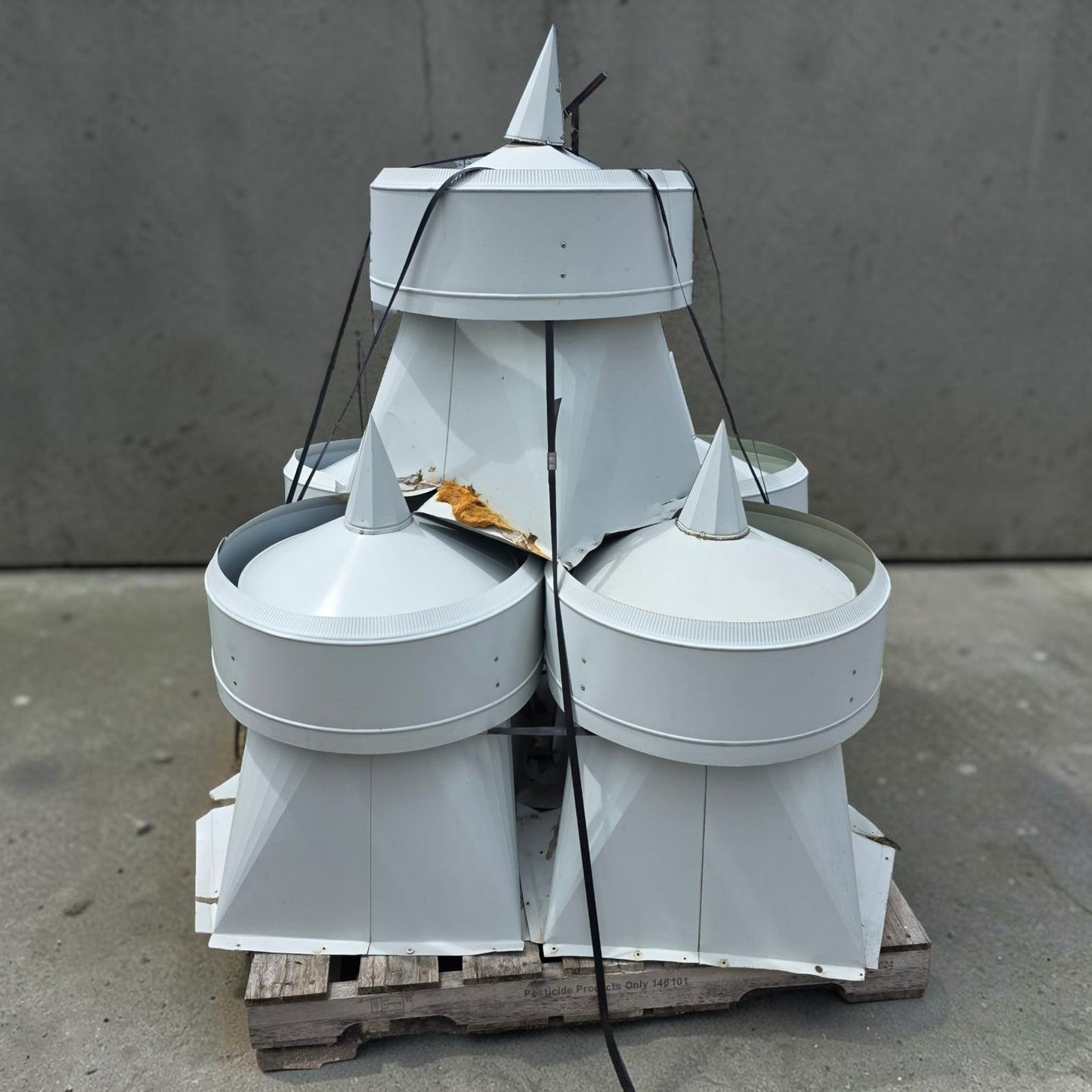 Set of five vintage galvanized barn turrets with rustic farmhouse appeal.