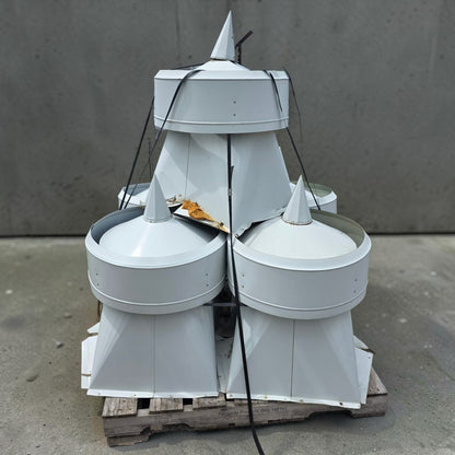 Set of five vintage galvanized barn turrets with rustic farmhouse appeal.