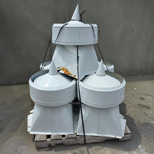 Set of five vintage galvanized barn turrets with rustic farmhouse appeal.