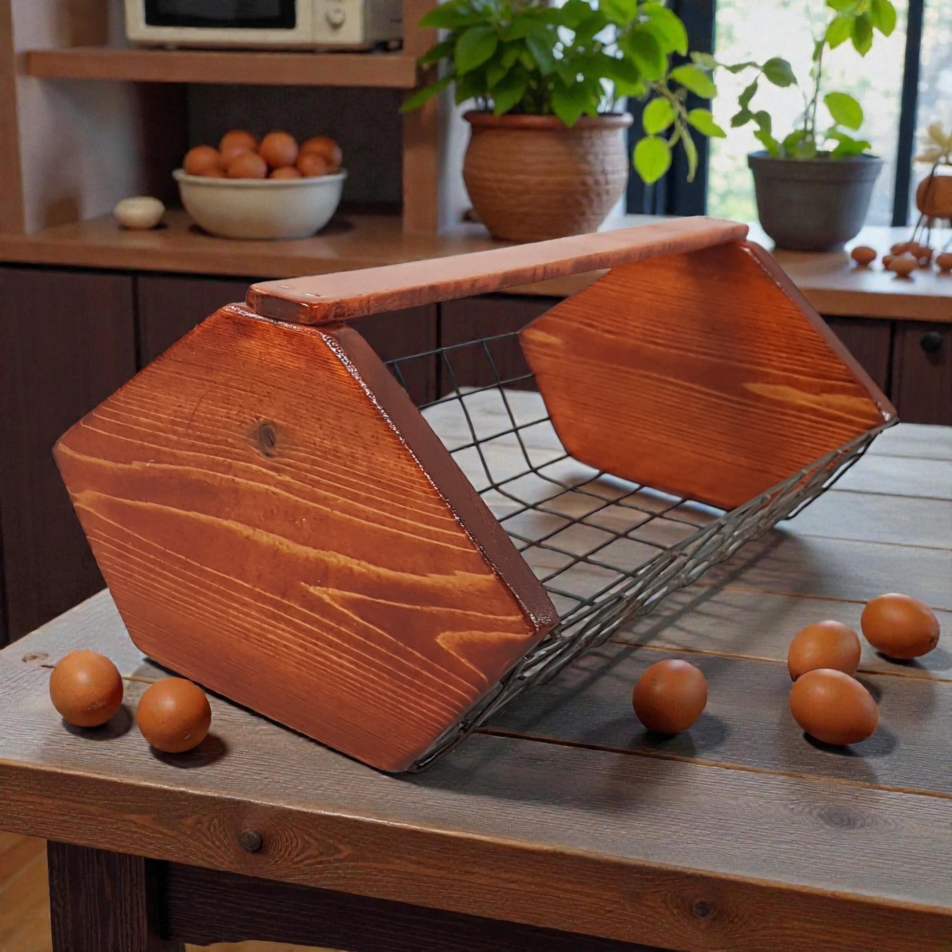 Wooden egg holder with eggs on a wooden table