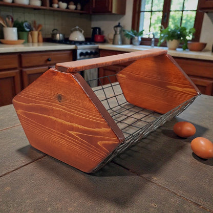 Wooden egg basket on a kitchen counter with eggs and kitchen utensils in the background