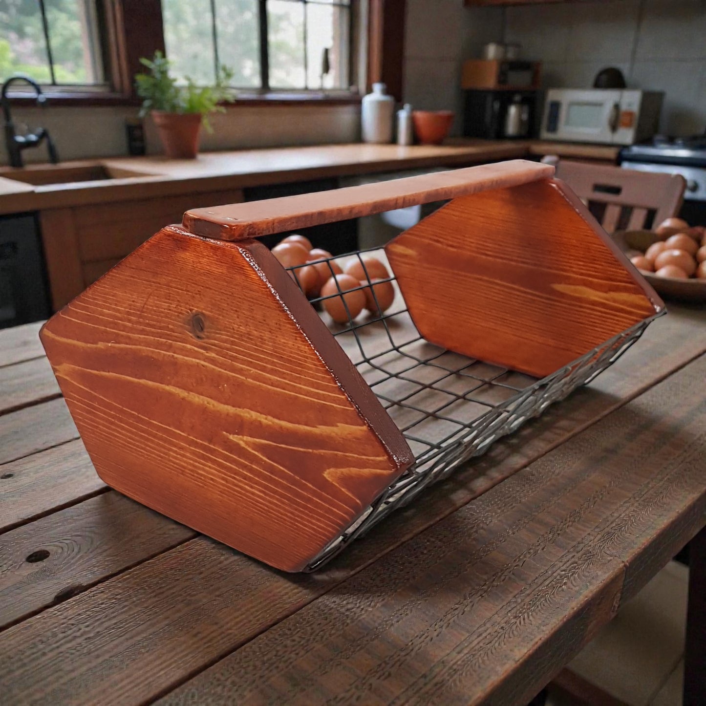 Wooden fruit basket with oranges on a wooden table in a kitchen.