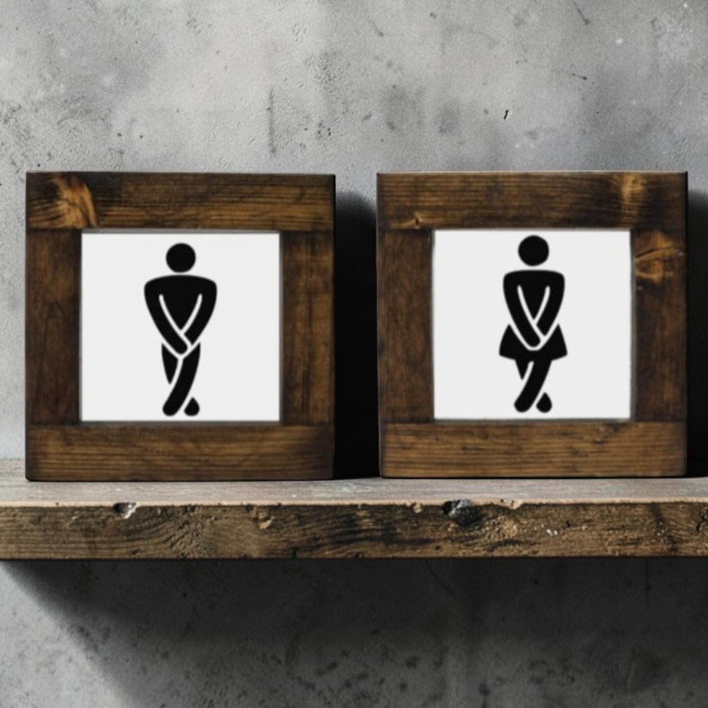 Handmade men's and women's bathroom signs with humorous crossing legs figures.
