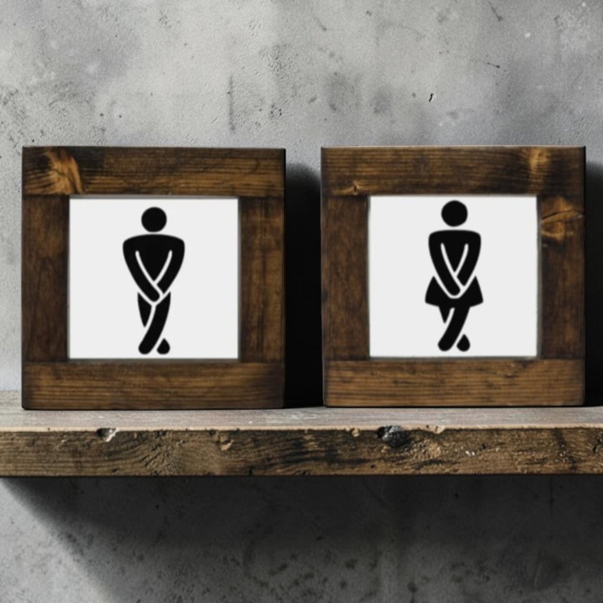 Handmade men's and women's bathroom signs with humorous crossing legs figures.
