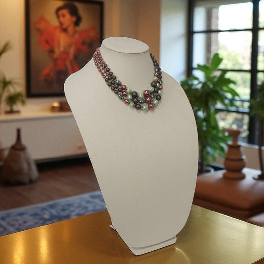 Vintage 3-Strand Beaded Choker Necklace – Pearlized Pastel & Cranberry