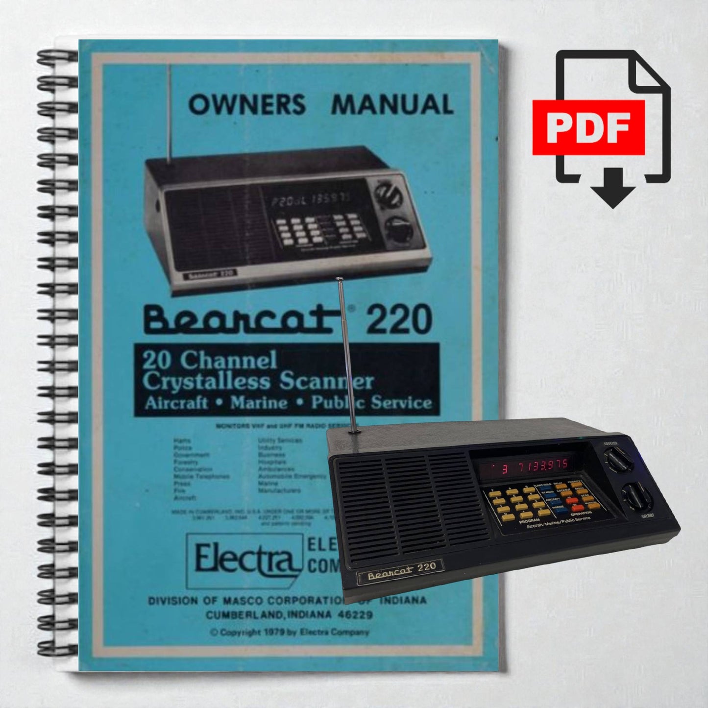 Owner's manual for Bearcat 220 scanner with a PDF icon
