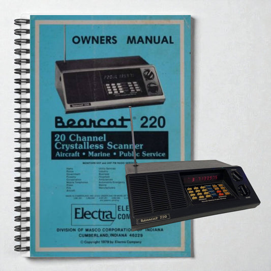 Vintage Bearcat 220 scanner with its owner's manual on a light gray background