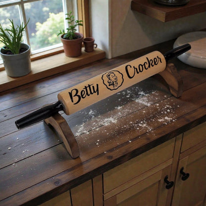 Wooden rolling pin with 'Betty Crocker' branding on a wooden surface.