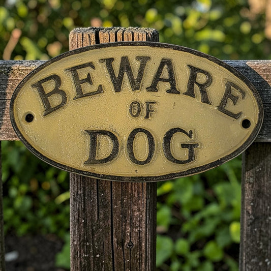 Vintage-style 'Beware of Dog' sign on a wooden post with a blurred green background