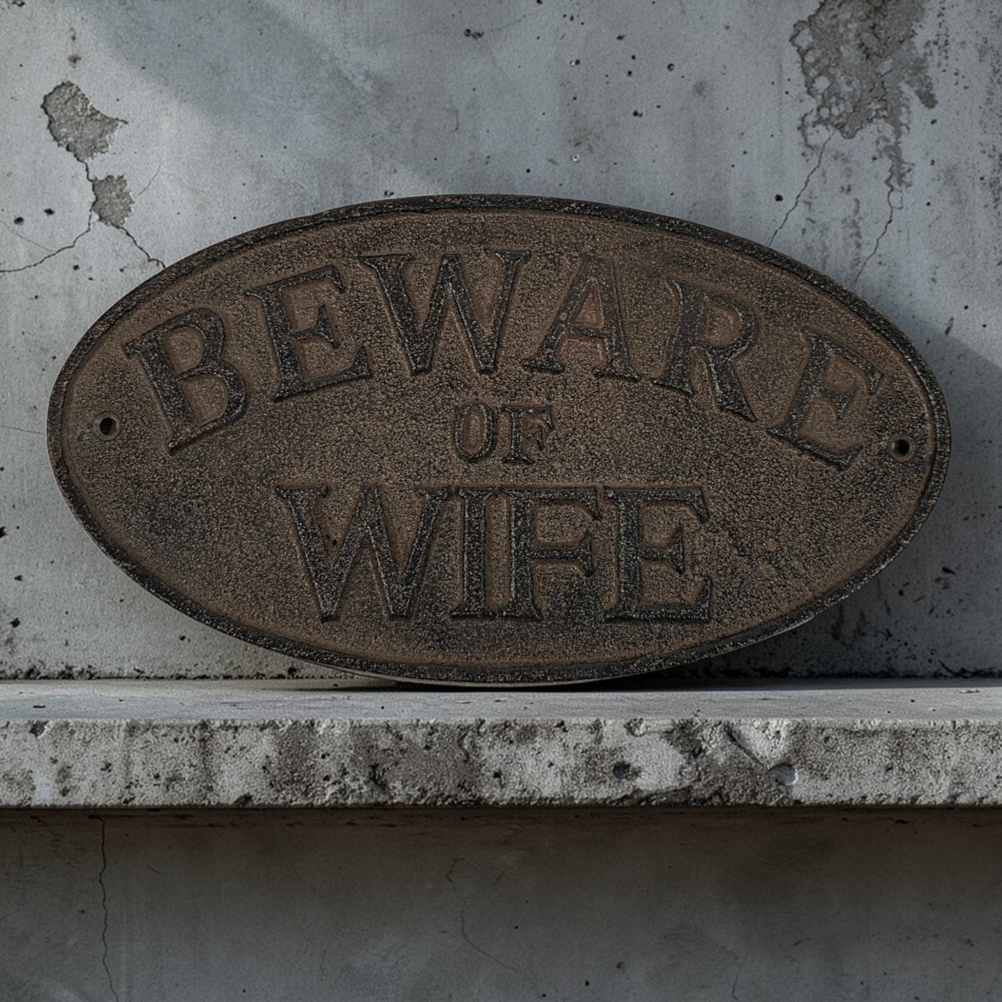 Oval metal sign with 'Beware of Wife' text on a concrete wall.