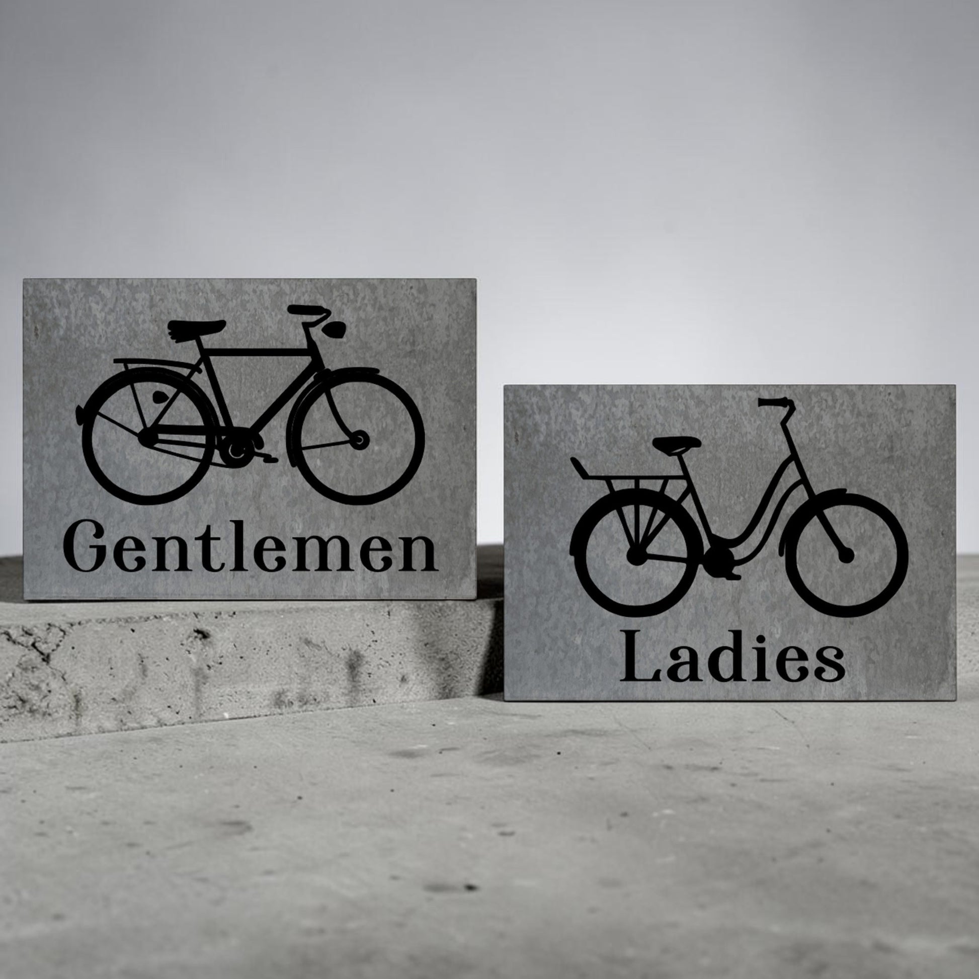 Ladies bicycle bathroom sign
Gentlemen bicycle bathroom sign
Barn tin restroom sign set
Antique bike wall decor sign
Rustic metal bathroom signage