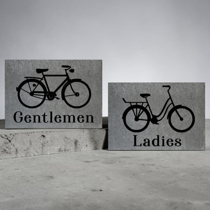 Ladies bicycle bathroom sign
Gentlemen bicycle bathroom sign
Barn tin restroom sign set
Antique bike wall decor sign
Rustic metal bathroom signage