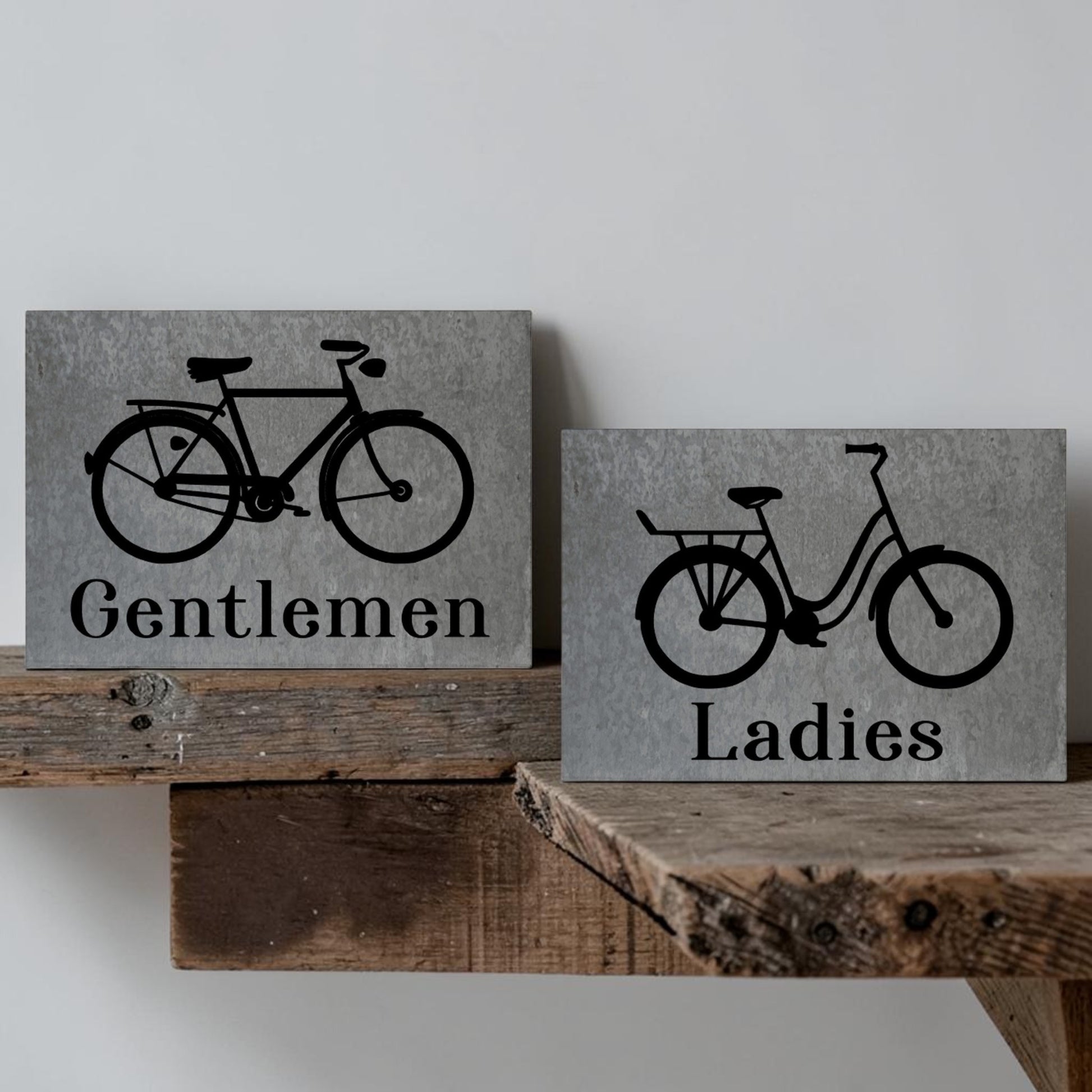 Ladies bicycle bathroom sign
Gentlemen bicycle bathroom sign
Barn tin restroom sign set
Antique bike wall decor sign
Rustic metal bathroom signage