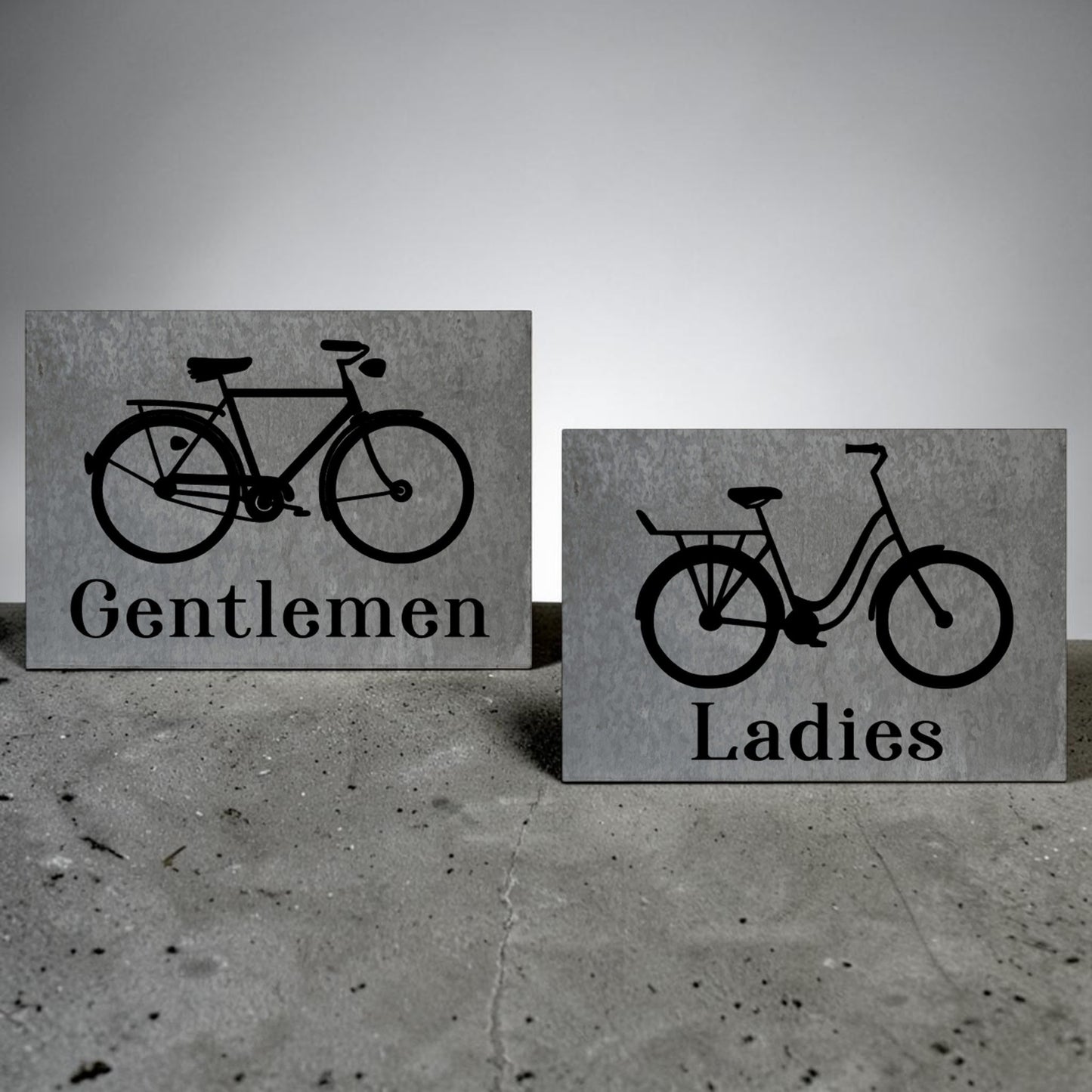 Ladies bicycle bathroom sign
Gentlemen bicycle bathroom sign
Barn tin restroom sign set
Antique bike wall decor sign
Rustic metal bathroom signage