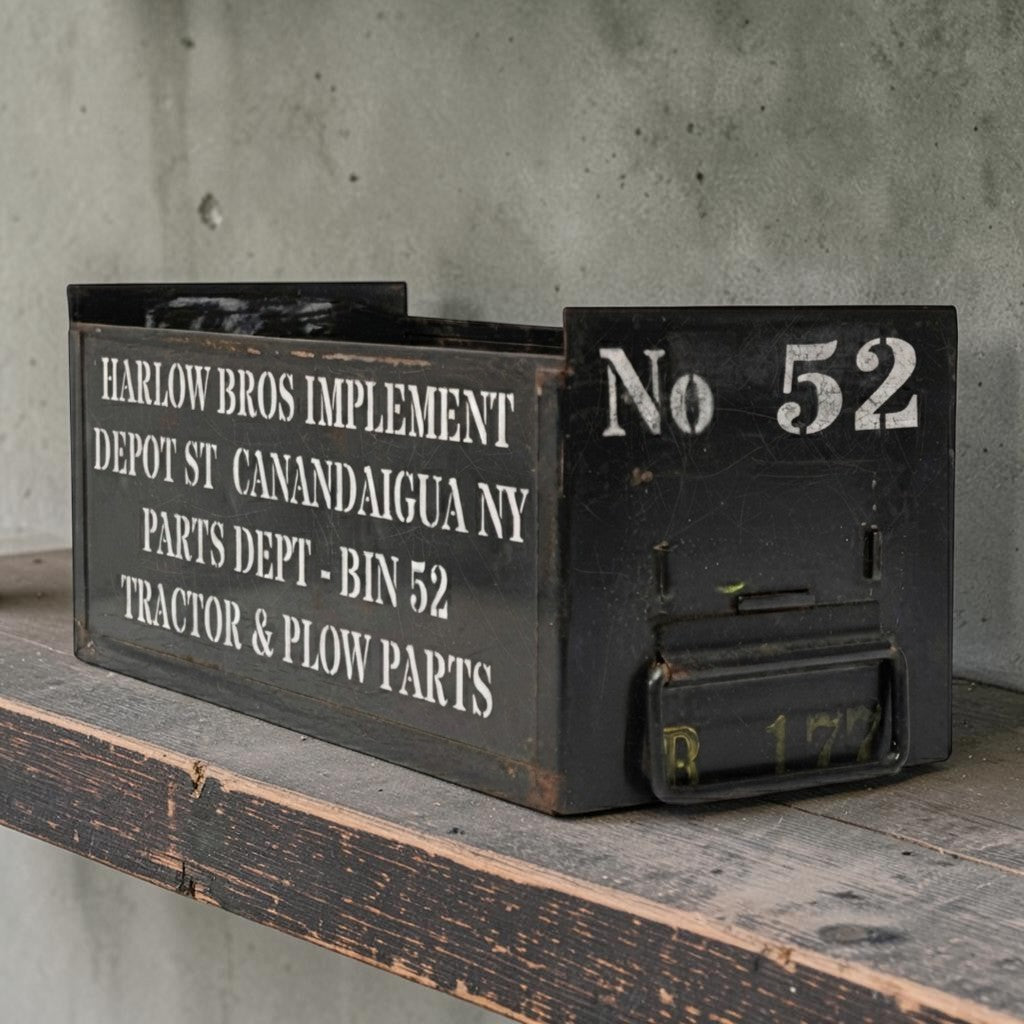 Vintage army green industrial metal parts bin with stenciled lettering and front label slot.
