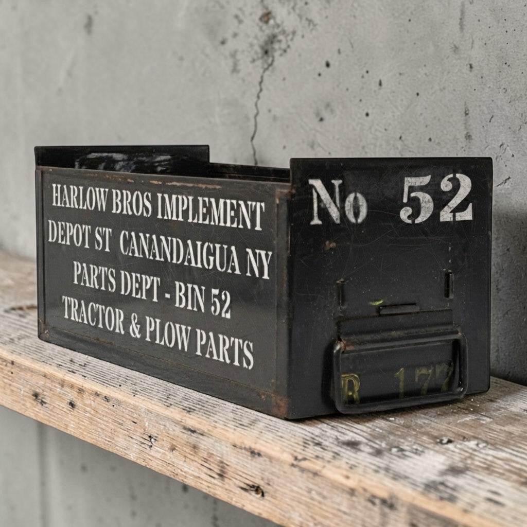 Vintage army green industrial metal parts bin with stenciled lettering and front label slot.
