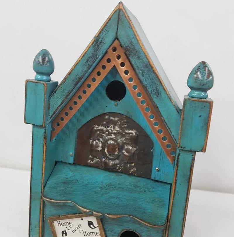 Rustic Steeple Clock Birdhouse with Fleur-de-Lis Tin