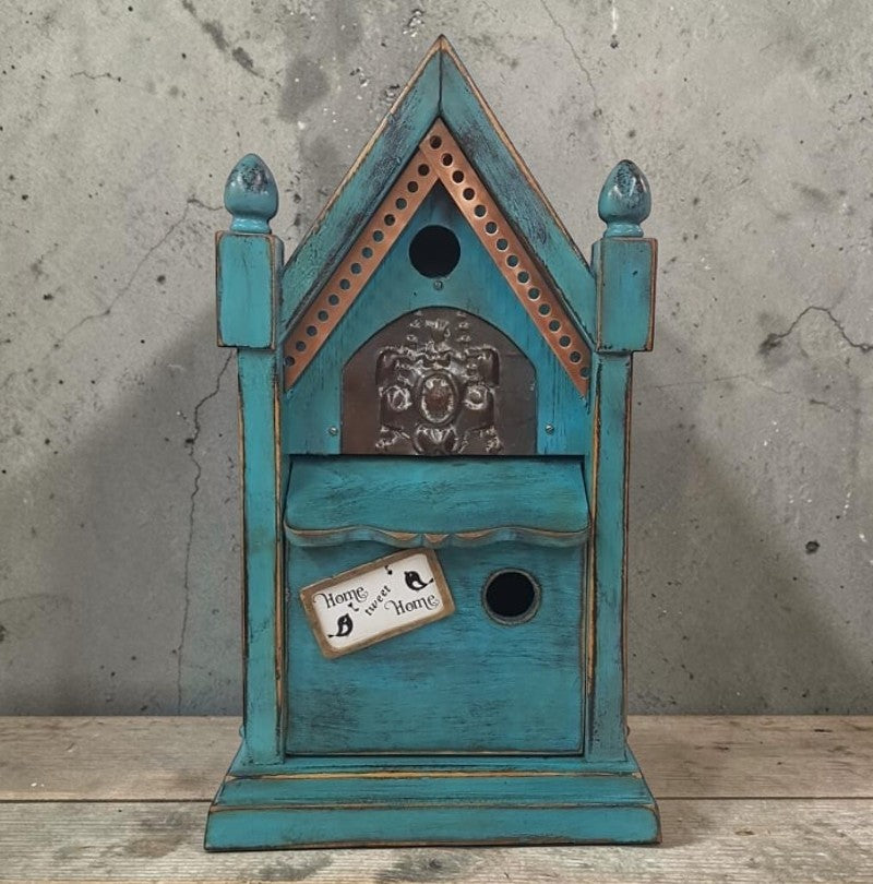 Rustic Steeple Clock Birdhouse with Fleur-de-Lis Tin
