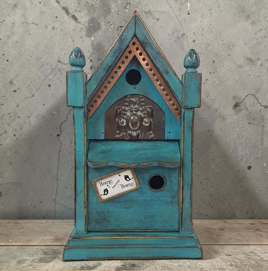 Rustic Steeple Clock Birdhouse with Fleur-de-Lis Tin