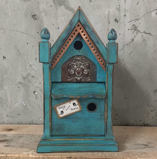 Rustic Steeple Clock Birdhouse with Fleur-de-Lis Tin