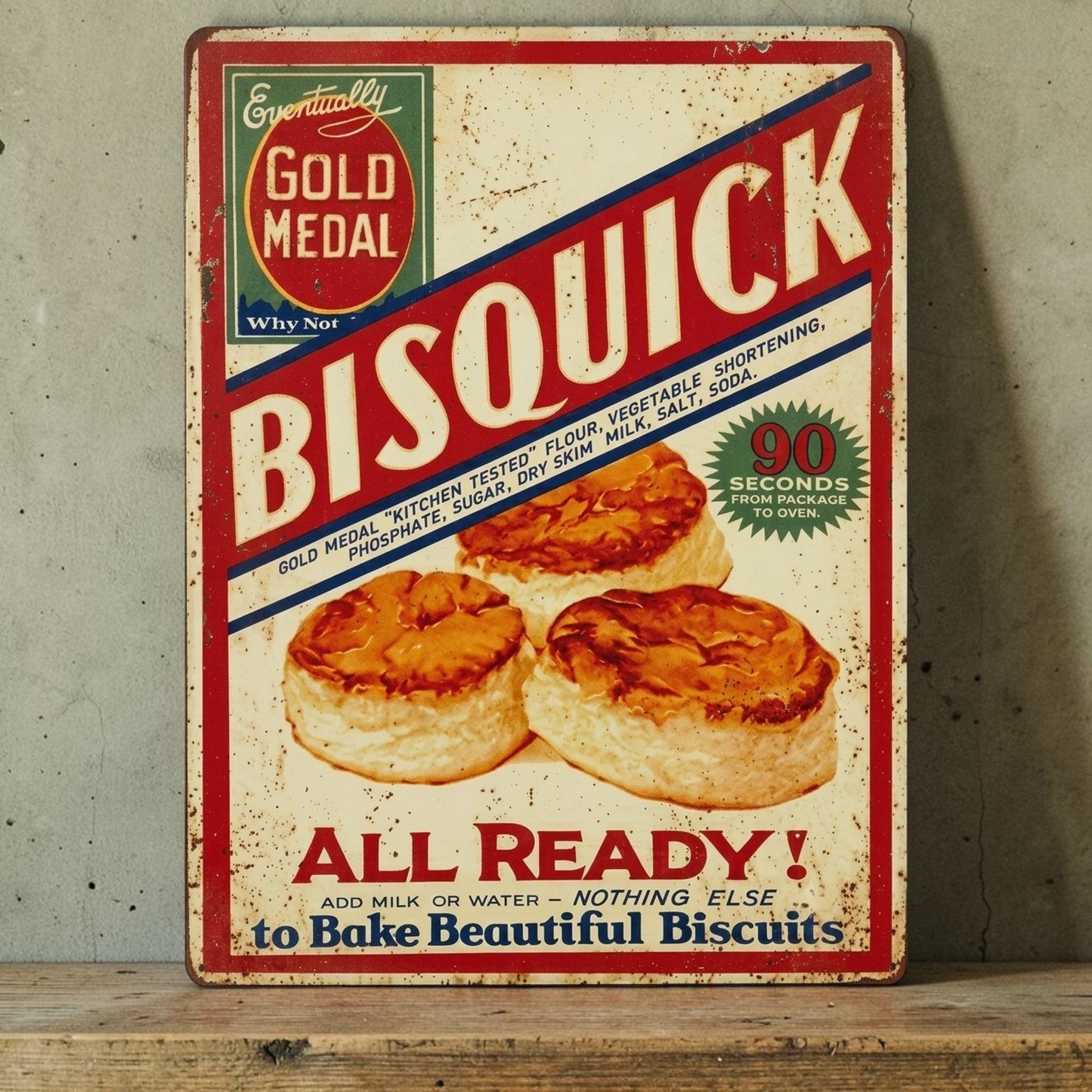 Retro Bisquick kitchen sign for country kitchen, diner, restaurant, or bakery decor.
